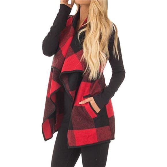 Women’s Plaid Sleeveless Vest, Open Front Cardigan with Pockets - Picture 2 of 7